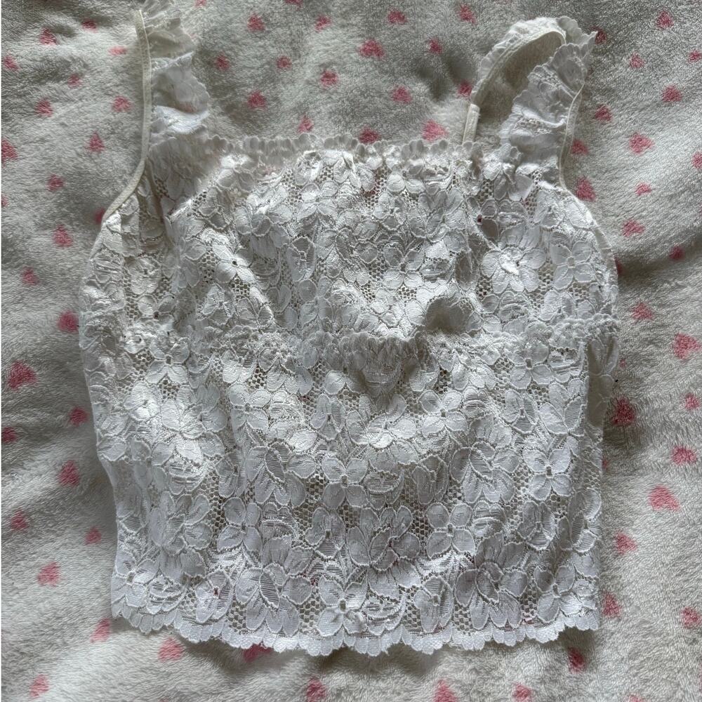 White Floral Lace Cropped Tank Top | Cottagecore Romantic Bralette Style | Large
